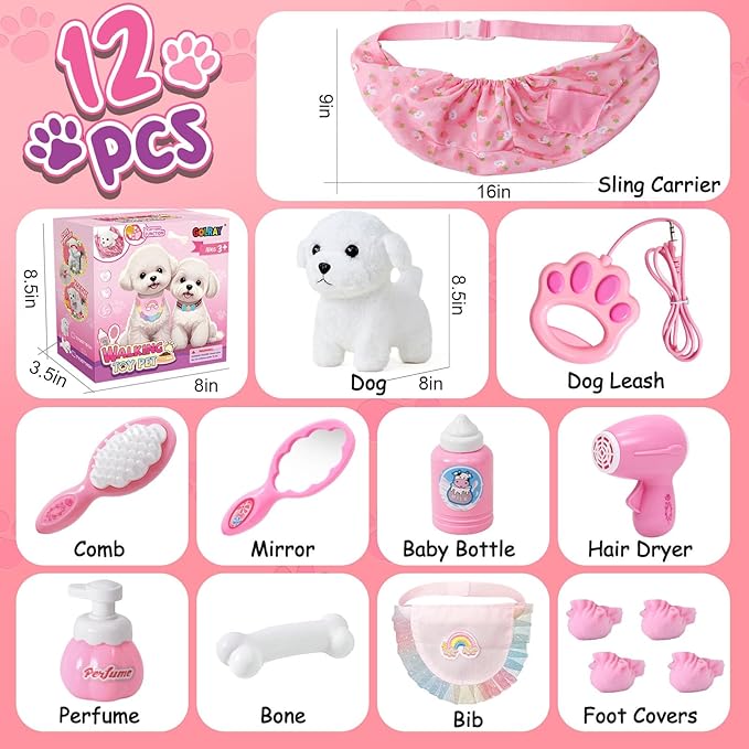 Golray Remote Control Toy Dog with Leash for Kids Girls, Electronic Interactive Plush Puppy Can Walk Bark, Stuffed Animal Dog Pet Care Pretend Play Set Gifts for Girl Kid Toddler 3 4 5 6 7 8 Years Old
