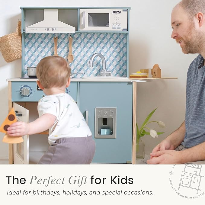 Tiny Land Play Kitchen for Kids, Wooden Kids Play Kitchen Playset Chef Pretend Play Set for Toddlers with Real Lights & Sounds, Toys Kitchen with 18 Pcs Toy Food & Cookware Accessories