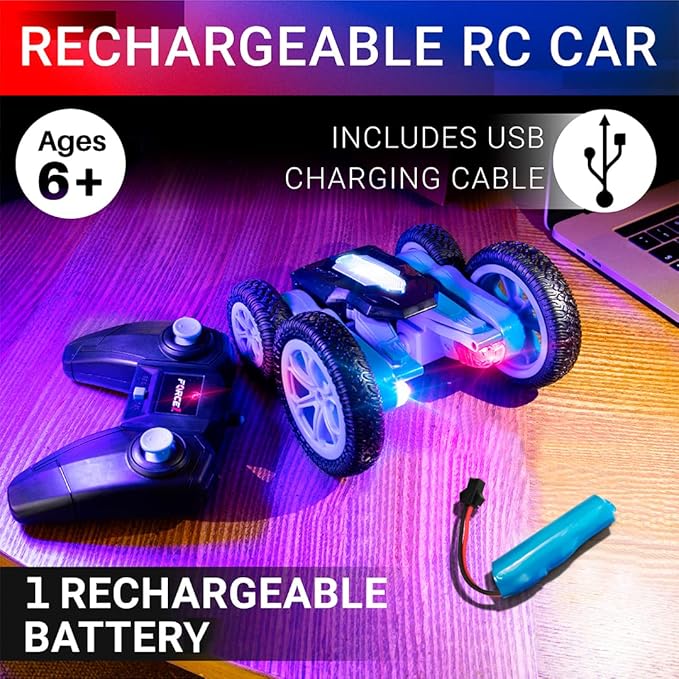 Force1 Tornado Blue LED Remote Control Car for Kids- Double Sided Driving Fast RC Cars 360 Flips, Outdoor 4WD Off Road Stunt RC Car, All Terrain Tires, RC Crawler Rechargeable Battery, 2.4GHz Remote
