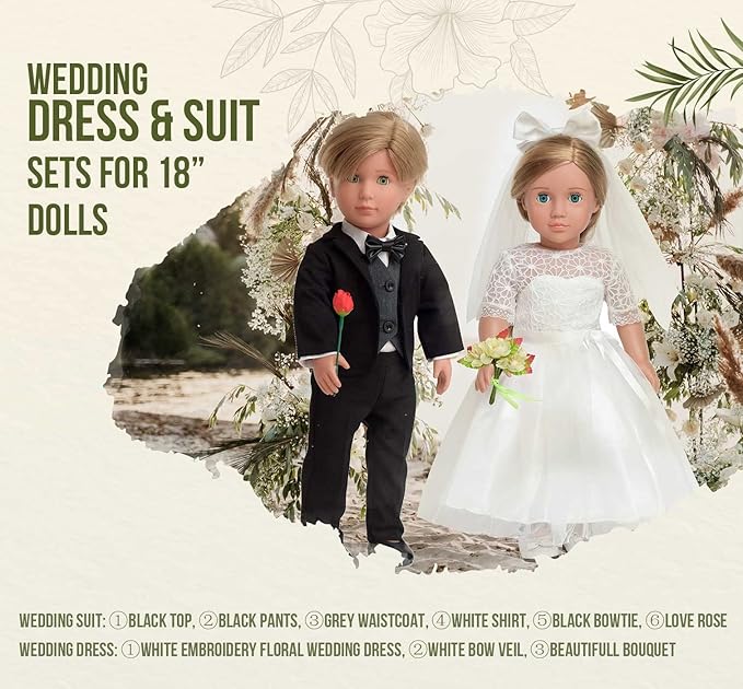 Doll Clothes Accesories First Communion Wedding Dress and Suit Set for American 18 inch Doll Boy and Girl