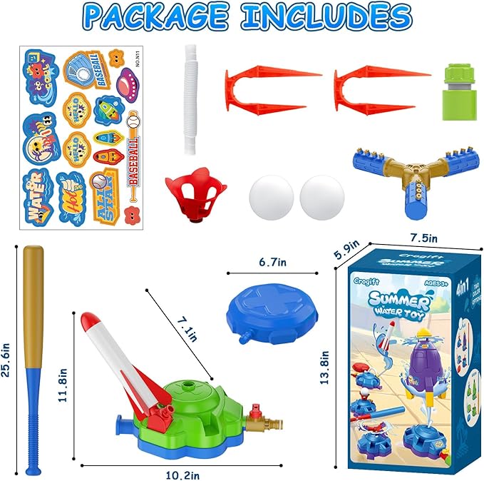 4-in-1 Sprinkler Toys for Kids, Water Outdoor Baseball Rocket Launcher Toy with Water Sprinkler Baseball Toy, Outdoor Sprinkler for Summer Backyard Lawn Pool Party for Kids Ages 3-8 (Green)