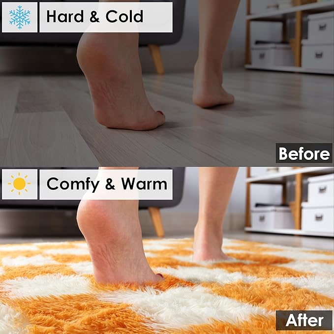 KICMOR 8x10 Area Rugs for Living Room, Large Fluffy Fuzzy Orange and Cream White Checkered Shag Rug Soft Plush Big Bedroom Carpet, Shaggy Floor Rugs for Kids Boys Girls Dorm Nursery Home Room Decor