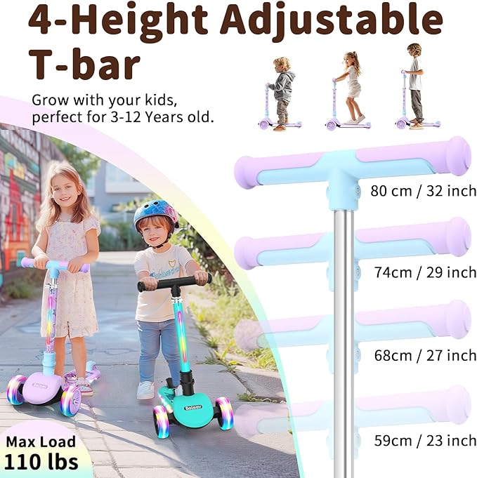 BELEEV A9 Kids Scooter with LED Light-Up Wheels & Deck, 3 Wheel Folding Scooter for Toddlers Girls Boys Ages 3-12, Adjustable Handlebar, Lean to Steer, Extra-Wide Wheels, Kick Scooter for Children