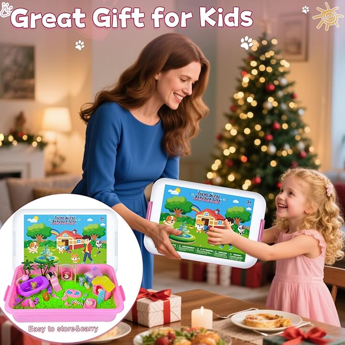 Pet Sensory Bin, Cat and Dog Sensory Bin for Toddlers Kids, Sensory Play Sand Art Kit Set with Sandbox & Tools & Pet Care Set, Indoor Outdoor Pretend Play Beach Toy Gift for Girls Boys 3 4 5 6 7 8