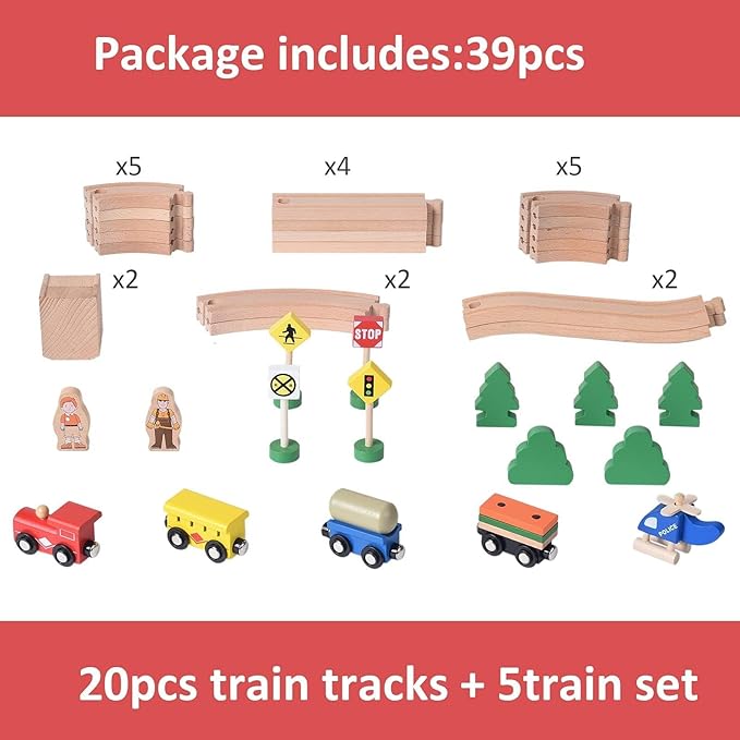 Wooden Train Set,39 Pcs-with All-Wood Train Tracks with Double Sided Wooden Tracks and Color Box for 3+ Year Old Boys and Girls Toddler-Fits Thomas Brio Melissa and Doug… (39PC)