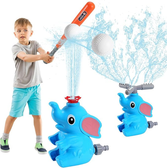 HeySplash Water Sprinkler Baseball Toy, 2 in 1 Water Spray Sprinkler Ball Set with 2 Detachable Sprinkler Heads, Outdoor Summer Toys Outside Toys for Toddlers and Kids, Blue Elephant
