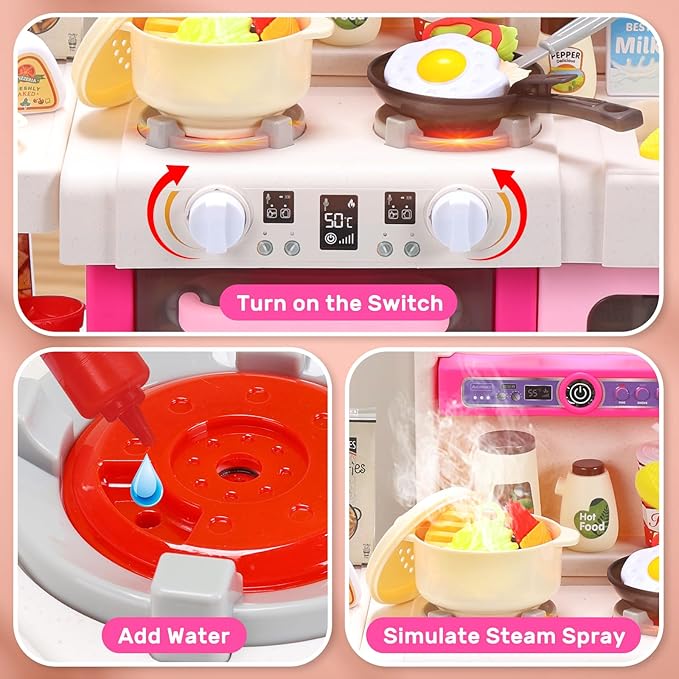 CUTE STONE Kids Kitchen Playset, Play Kitchen Set with Sound & Light, Cooking Stove with Steam, Toy Sink,Play Food Toy and Kitchen Accessories for Pretend Play, Kitchen Toy Set for Toddler Girls, Pink