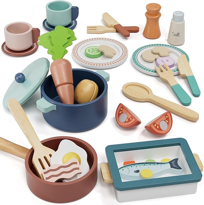 Lehoo Castle Wooden Play Kitchen Accessories, Play Pots and Pans Sets for Kids, Play Food Sets for Kids Kitchen, Montessori Food Toys for Toddlers 3-5, Gifts for Girls Boys