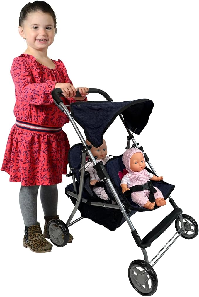 Double Baby Doll Stroller for Twin Dolls | Toy Doll Stroller for Toddlers, 4 Year Old, 5 Year Old Girls, 8 Year Old | 25” Tandem Play Toy Stroller for Baby Dolls, Denim Baby Stroller for Dolls