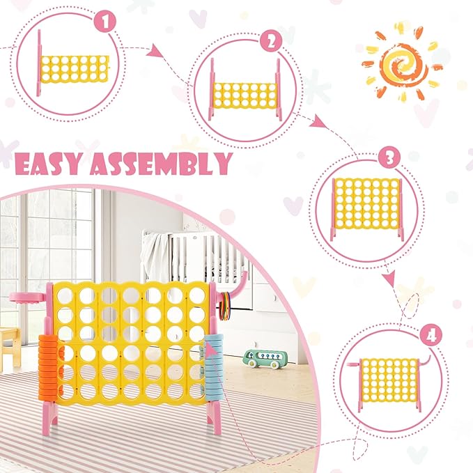 Costzon Giant 4-in-A-Row, Jumbo 4-to-Score Giant Game w/Basketball Hoop, Ring Toss, Quick-Release Slider, 42 Jumbo Rings, Indoor Outdoor Family Connect Game for Kids & Adults, Backyard Games