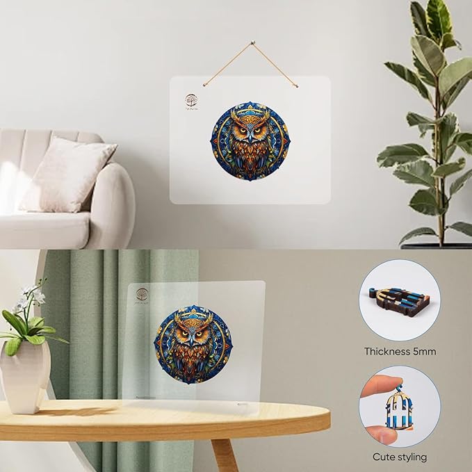 Royal Owl Wooden Jigsaw Puzzle for Adult and Kids 300 Pcs Unique Shape Multicolor Wood Storage Box Fun Challenge Brain Teaser Family Game Creative Gift for Friends Rompecabezas Madera