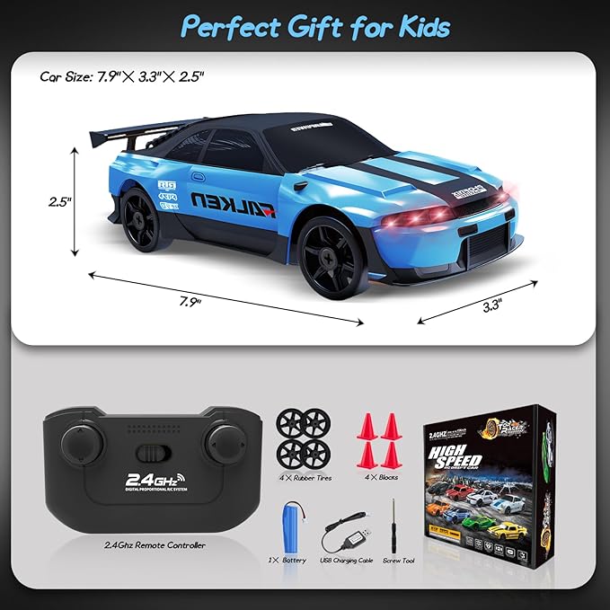 RC Drift Car 1/24 2.4GHz 4WD Remote Control Car RC Cars Toy Car for Boys Girls Birthday, Mini Drift RC Car with Light Rechargeable Battery and Drift Tires Xmas Toys for Kids Blue