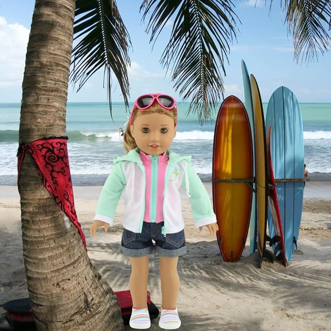 Emily Rose 18 inch Doll Clothes 7 PC Surfer Swimming Bathing Suit Beach Swim Clothing & Accessories Set, Includes Sunglasses and Shoes! | Compatible with 18" American Girl Dolls | USA Business
