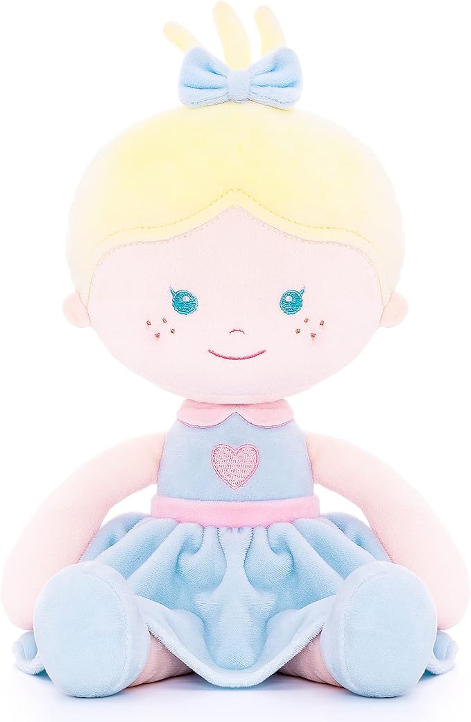 Onetoo Soft Baby Doll for Girls Plush Rag Doll Sleeping Cuddle Buddy Doll First Baby Doll Wear Blue Love Dress 14"