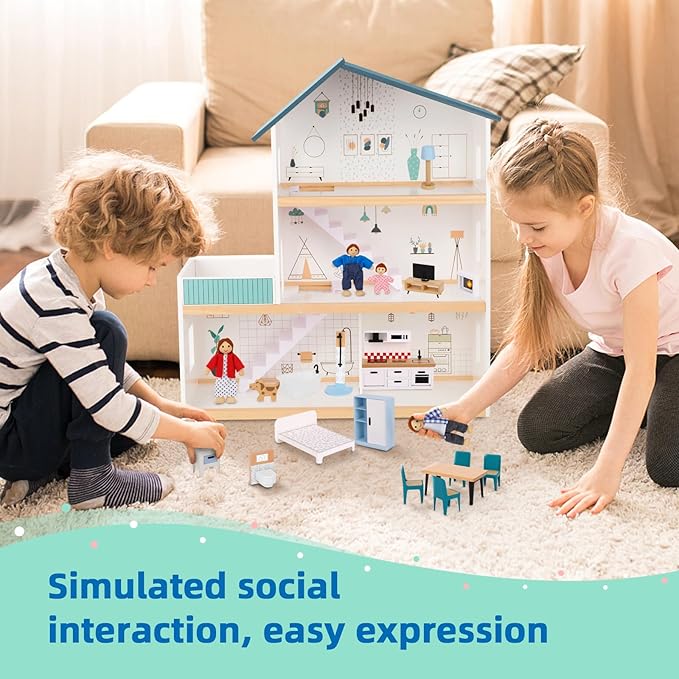 Wooden Dollhouse for Kids, Doll House with Simulated Luxury Furniture Set, Dollhouse Playset for Girls Toddlers (Including 4 Family Dolls and a Dog)