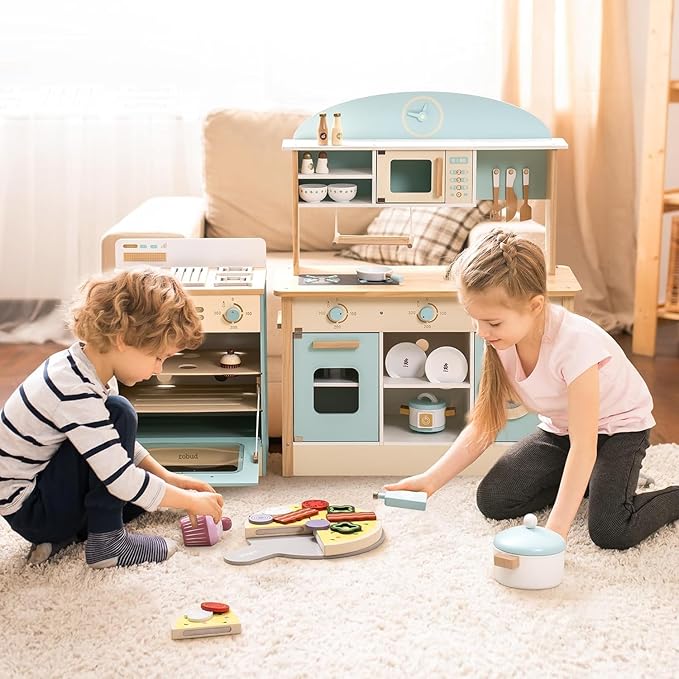 ROBOTIME Wooden Play Kitchen, Toddler Kitchen Playset with Oven, Fridge & Washing Machine, Kids Kitchen Playset Gift for 3+ Year Old Boys & Girls
