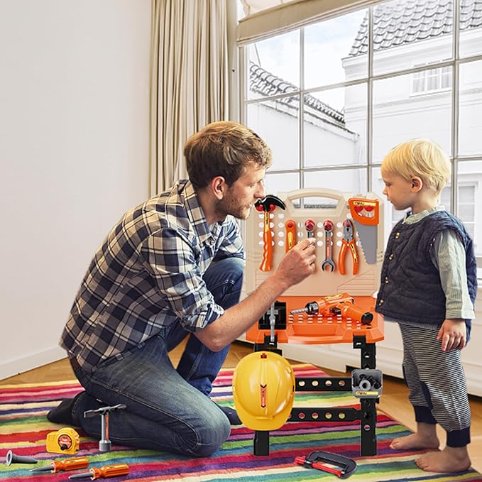 Kids Tool Bench Set,MAGIC4U 95PCS Toddler Tool Workbench with Electronic Drill 13 Tool Equipements,Safety Vest & Hat,Pretend Play Kids Construction Toys Gift for Boys Girls Age 3,4,5,6,7,8