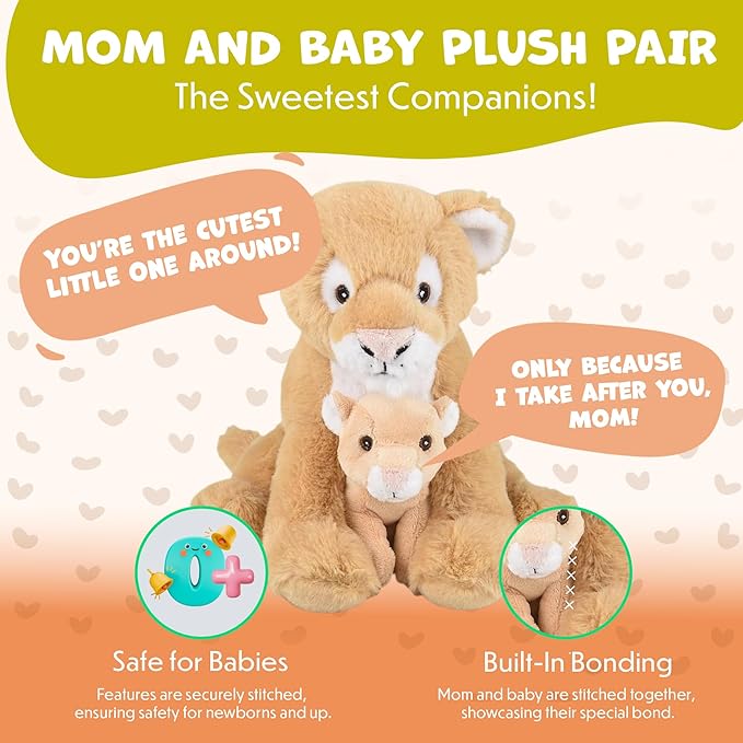 Mom and Baby Stuffed Animals for Boys & Girls, Safari Baby Shower Decorations, Nursery Decor, Zoo Animals for Toddlers, Quality Realistic Toys for Kids, Cute, Soft, Huggable, Squeezable (9.5" Lioness)