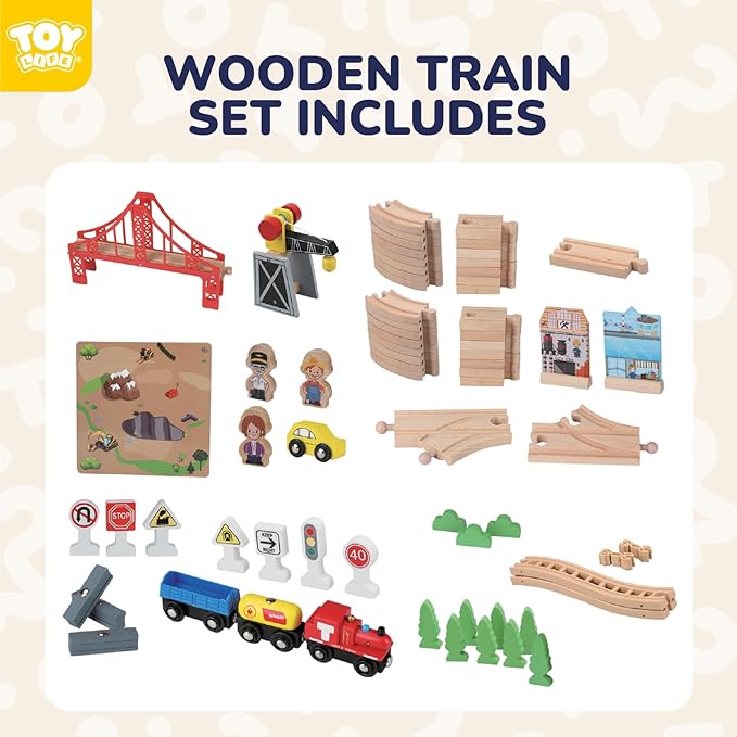 TOY Life Wooden Train Set 80pcs with Magnetic Crane, Wooden Train Tracks Toys for Toddlers Boys Girls 3 4 5, 3 Year Old Boy Gift, Wood Toys Toddler Train for Kids 4-8 - Fits Thomas Brio Chuggington
