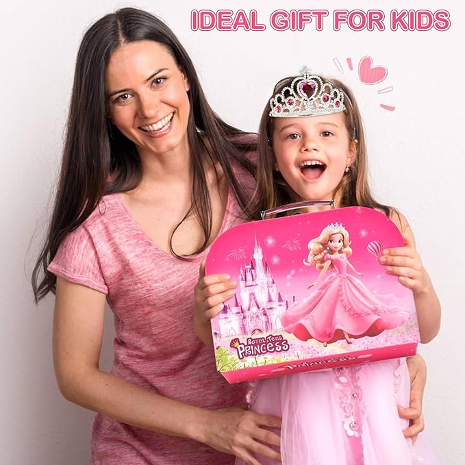 19-Piece Princess Tea Party Set for Girls, Pretend Play Tin Tea Set with Carrying Case, Kids Party Toys for 3-6 Year Olds