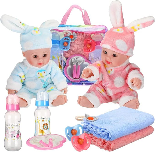 10 Pcs Realistic Twin Baby Dolls Toy Set Include 2 Pcs 12 Inch Baby Dolls, Feeding Set, Pacifiers, Doll Diapers, Bags, Milk Bottles Removable Outfit for Toddler Kids 6+ Gift(White)