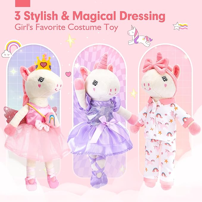 Unicorns Toys for Girls Age 4-6 - Ballerina Doll Stuffed Animal Toys for Girls 3-5, Ballet Dress up Doll, 3 Set Clothes with Plush Bag, Kids Toy 4 Year Old Girl Birthday Gift Dance Recital Gifts