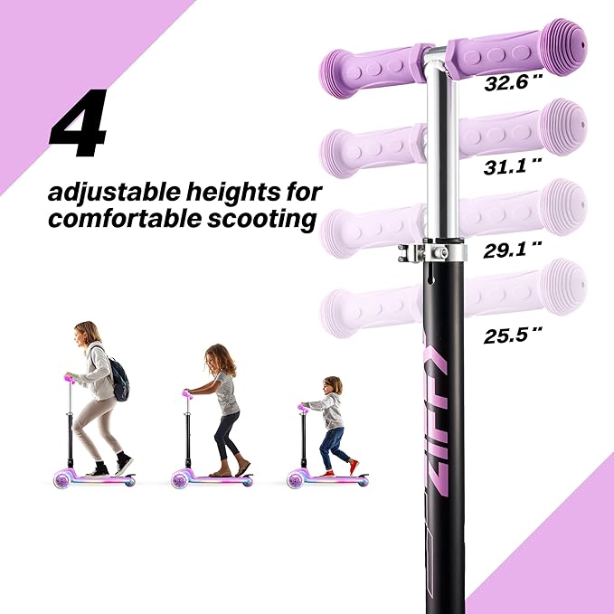 ZIFFY Kids Scooter for Boys & Girls LED Light-Up Wheels, 4 Adjustable Height Handlebars, and Lean-to-Steer Design with Anti-Slip Wide Deck for Stability - Up to 110LBS