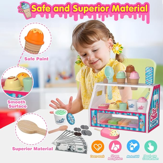 Ice Cream Toys, Wooden Ice Cream Play Set, Pretend Play Toys, 46 Pcs Wooden Play Kitchen Accessories with Menu & Scoop & Menu & Fake Money, Ice Cream Toys for Toddlers 3 4 5 6 Girls Boys Birthday