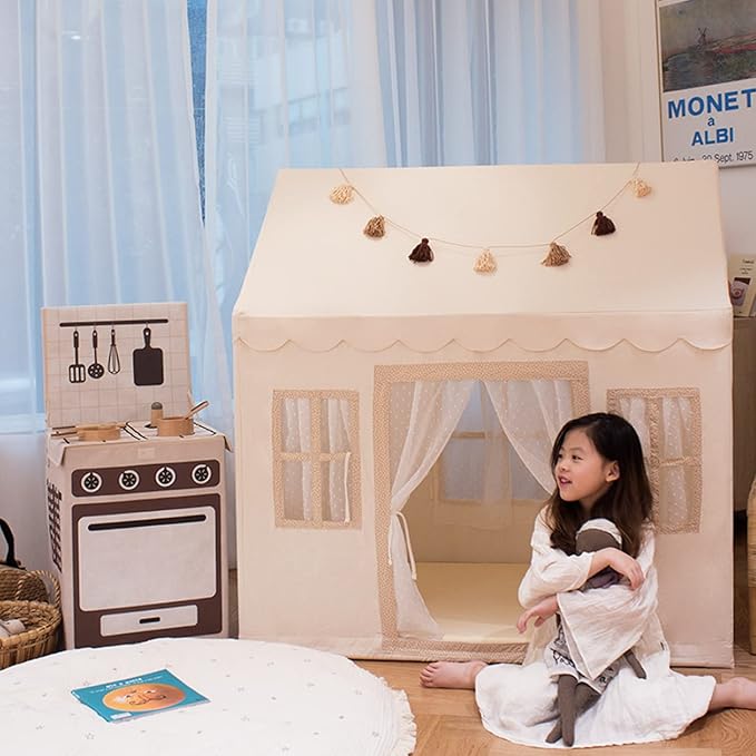 PETITE MAISON Kids Play House Tent with 100% Cotton Fabric & 5 Windows - Hand Made Premium Quality Play Tent for Indoor & Outdoor - Light and Easy to Assembly - Best Birthday Gift - Vely Beige