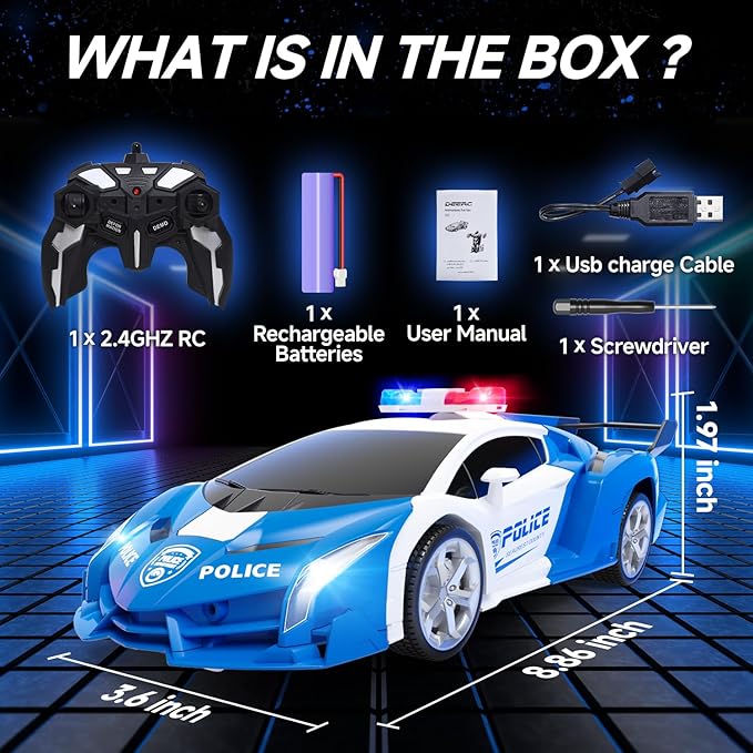 DEERC Transform Remote Control Car,2.4GHz Robot RC Cars,1:18 Scale Police Car Toy One-Button Deformation & 360° Rotating Drifting for Kids Boys Age 4-7 8-12 Birthday Xmas Gift