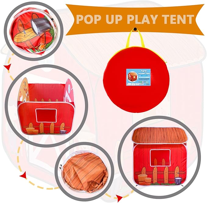 Kids Play Tent, Pop Up Barn for Kids, Indoor Outdoor Folding Portable Playhouse for Boys and Girls