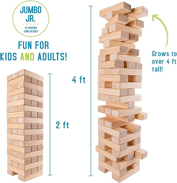 Giantville Giant Tumbling Timber Toy - Premium Pine Wood Life-Size Blocks Tower - Big Floor/Board Indoor/Outdoor Yard Game for Kids & Adults - 56-Pieces + Carry/Storage Bag - Grows to Over 4-Feet