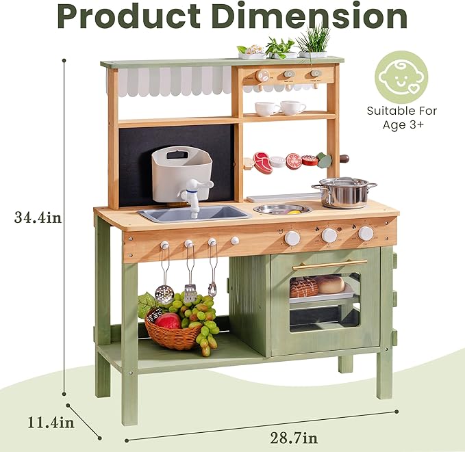 ROBUD Mud Kitchen for Kids Outdoor, Solid Wood Outdoor Play Kitchen, Green Kids Mud Kitchen with Barbecue Grill, Removable Sink & Faucet, Monteeori Toys for Children Ages 3+, WH003