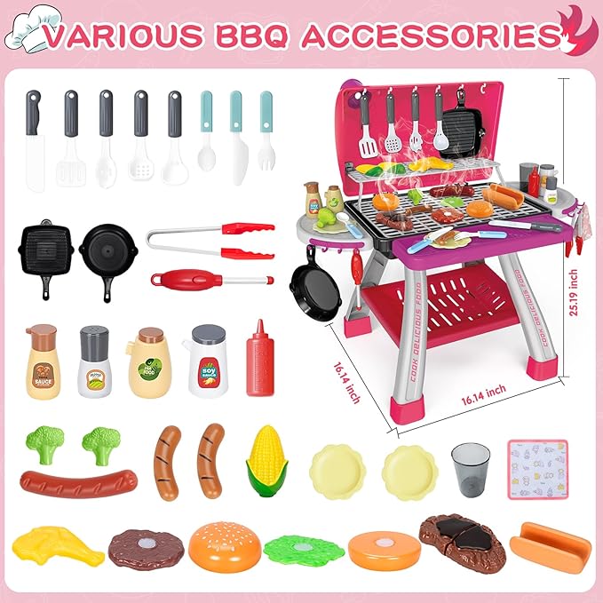 Kids Play Kitchen Toys, Kids BBQ Grill Kitchen Playset with Smoke, Sound & Light, Pink Play Food Toys Cooking Set, 2-Layer Barbecue Outdoor Play Grill Toy Gift for Toddler Girls 3-5, Pink