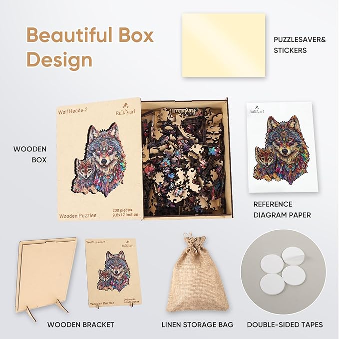 Wolf Family 200 Pieces Wooden Jigsaw Puzzles for Adults with Unique Irregular Shape Fun Challenging Animal Puzzles for Kids and Couples on Birthday,Children’s Day,Christmas 10.2"*11.8"