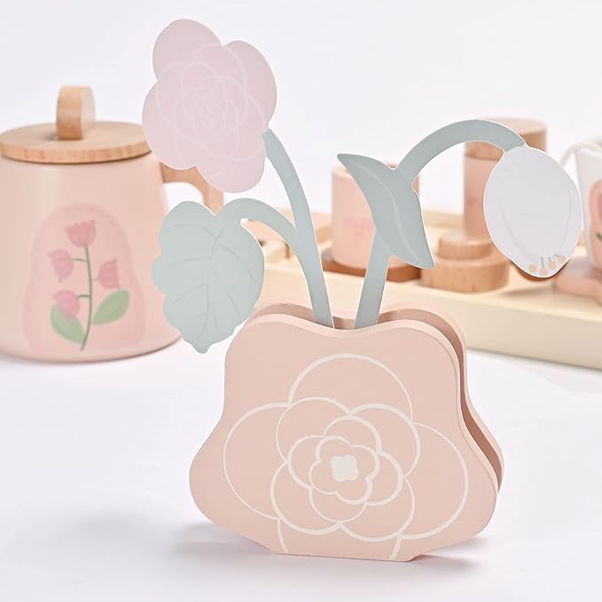 Wooden Tea Set for Little Girls, Wooden Toys, Toddler Tea Set Toy, Play Kitchen Accessories Set, Montessori Toys, Kids Play Kitchen Pretend Playset Toys for Baby Tea Party with Play Food