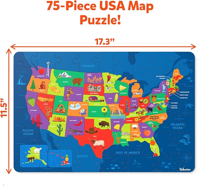 Skillmatics United States Map Puzzle - 75 Piece Jigsaw Puzzle, Educational Toy, Geography for Kids, 250+ Facts About The States of America, Gifts for Boys & Girls Ages 6 to 12