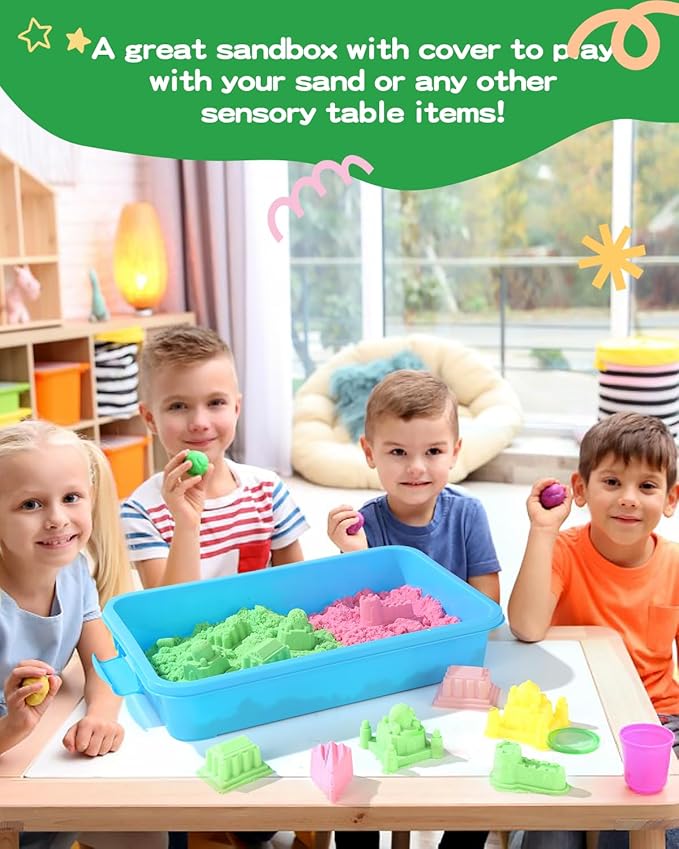 Sensory Bin Sand Tray with Lid for Toddlers 2 Pcs 15in Portable Sandbox Toy Large Plastic Tray for Kids 3 4 5 6 Fill with Sand, Water, Beads, and More (2 Blue)