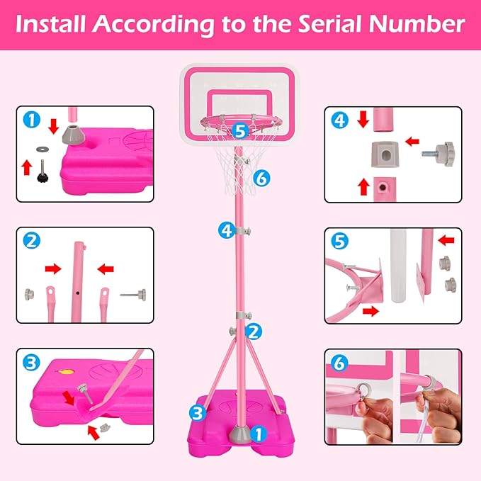 Pink Adjustable Basketball Hoop for 2-6 Year Old Girls, Portable Kids Hoop for Indoor/Outdoor Play