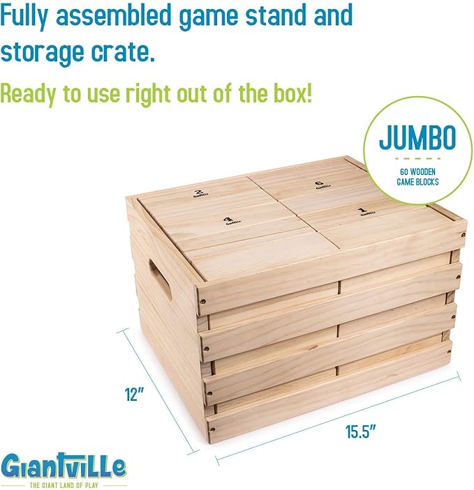 Giantville Giant Tumbling Timber Toy - Premium Pine Wood Life-Size Blocks Tower - Big Floor/Board Indoor/Outdoor Yard Game for Kids & Adults - 60-Pieces + Storage Crate/Platform - Grows to Over 5-Feet