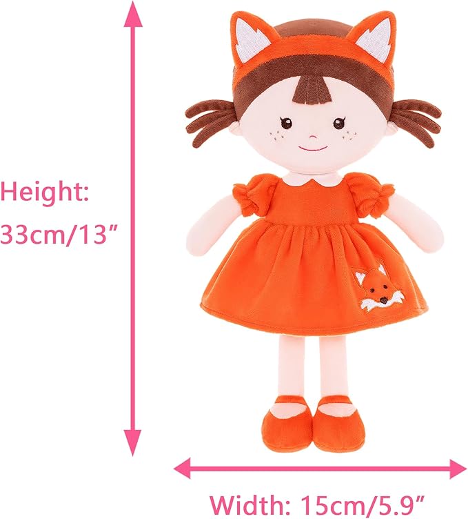 Onetoo First Baby Doll Plush Rag Dolls Sleeping Cuddle Buddy Dolls Soft Baby Doll for Girls Wear Fox Costume Reddish Brown Dress14(Milly Series)