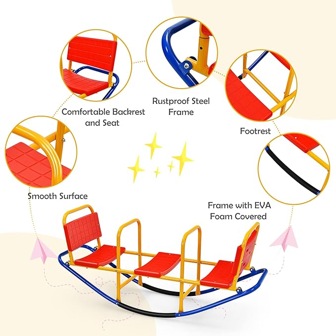 Costzon Teeter Totter Seesaw for Kids Outdoor, 2 in 1 Metal Rocking Seesaw for Toddlers with Easy-Grip Handles, Indoor Outdoor Rocker Toy Gifts for Ages 3-8, 1-3 Person Home Preschool Backyard See Saw