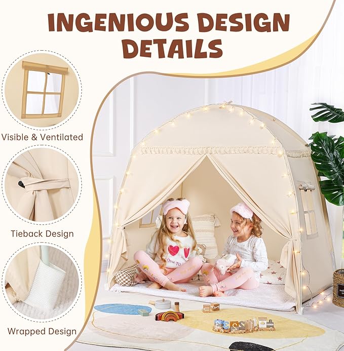 Medium Toddlers Bed Tent Canopy: with Lights and Flags for Girls and Boys House Gifts - Monobeach Kids Play Tent Indoor Princess Toys - Portable and Foldable Children Playhouse Outdoor