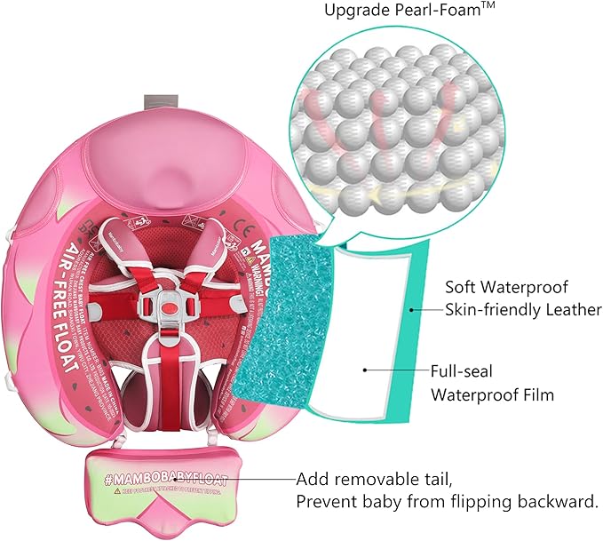 Mambobaby Float Add Tail Baby Swim Float with Canopy Solid Pool Infant Swim Trainer Swimming Training Lying Air Free Water Floats Non-Inflatable Waist Swim Ring for Toddlers (Dragon Fruit)