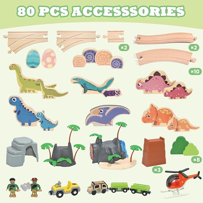 80Pcs Wooden Train Set, Dinosaur Wooden Train Track Set, Wood Toy Train Set for Toddlers 2-4, Train Toys for Toddlers 3-5, Fits Thomas, Fits Brio, Fits Melissa and Doug
