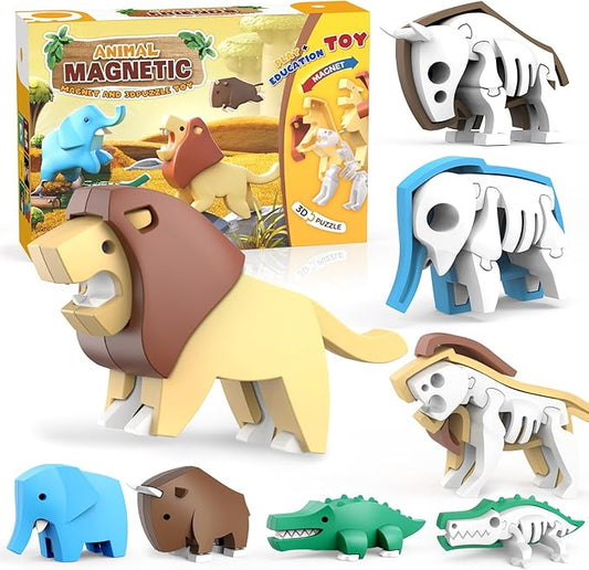 Magnetic Animal Building Toys, STEM Toddler Learning Toys 3D Puzzle Animals for Boys Girls, Educational Magnetic Travel Montessori Toy Lion Elephant Crocodile, Unique Birthday Gift for Kids 3 4 5 6 7