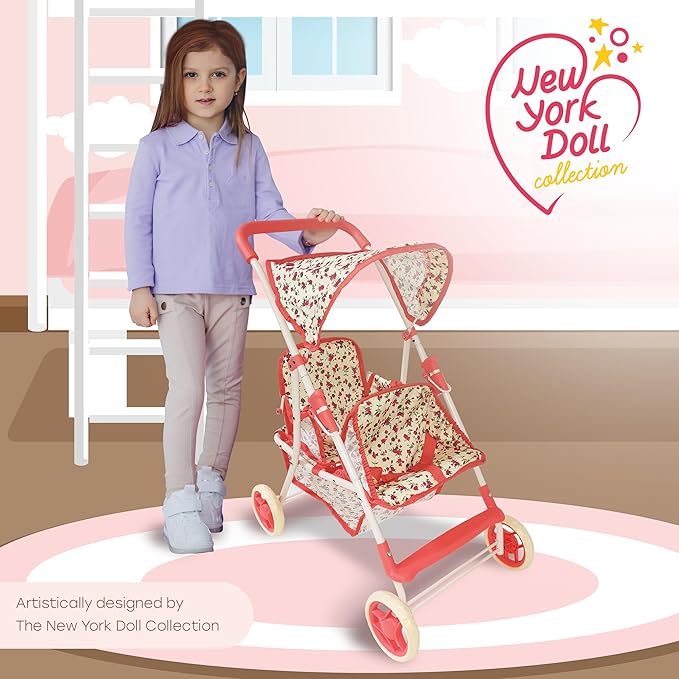 Double Doll Stroller for Baby Dolls Twin Dolls | Toy Doll Stroller for Toddlers, 4 Year Old, 5 Year Old Girls, 8 Year Old | 25” Tandem Play Toy Stroller for Baby Dolls, Floral Baby Stroller for Dolls