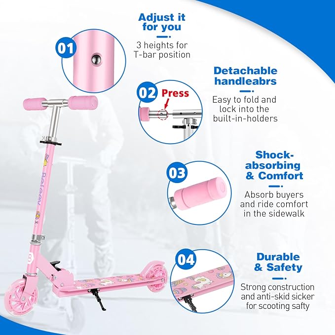 BELEEV V1 Scooters for Kids, 2 Wheel Folding Kick Scooter for Girls Boys, 3 Adjustable Height, Light Up Wheels, Lightweight Scooter with Sturdy Frame, Kickstand for Children 3 to 12 Years Old
