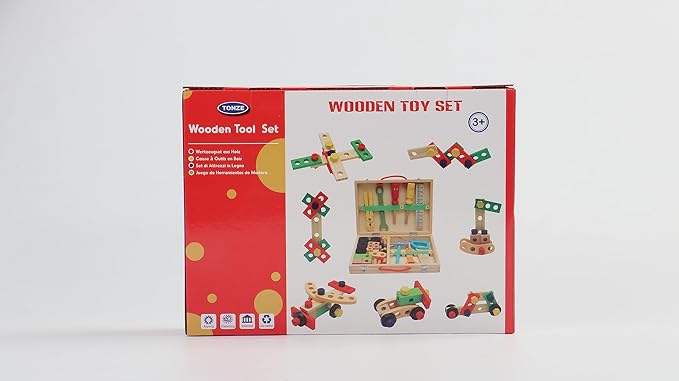 TONZE Kids Tool Set Wooden Toddler Tools Montessori Toys for 3 4 Year Olds, 34 PCS Educational STEM Construction Toys Pretend Play Toddler Tool Set Birthday Gift for Age 3-4 Boys & Girls