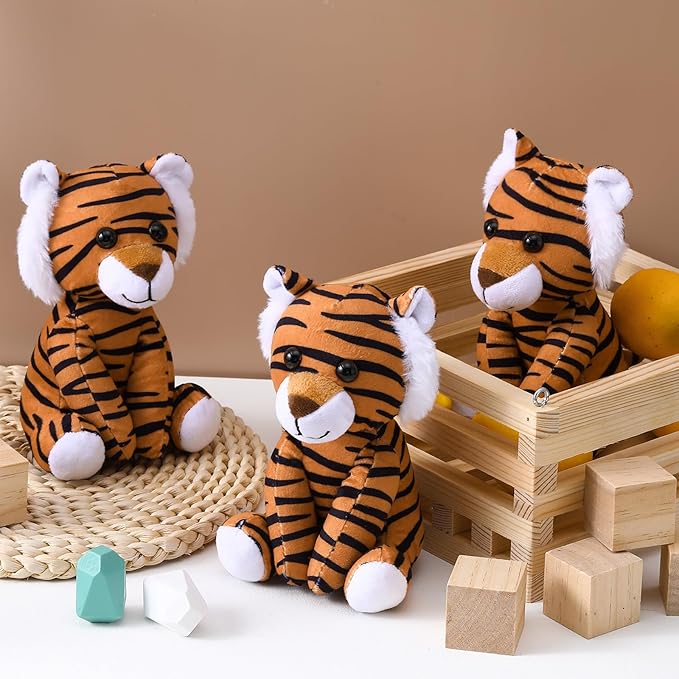 12 Pieces Tiger Stuffed Animal 6 Inch Sitting Tiger Plush Toys Lifelike and Cute Animal Dolls Gifts for Boys and Girls Birthday Favors Gifts Forest Party Decor